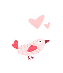 Illustration of a pink bird. Greeting card with pink hearts Valentine's day. Stylized drawing of a bird for sticks, packaging, poster, brochures