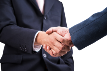 businessman in suit shaking hand partnership after success deal, isolated on transparent background