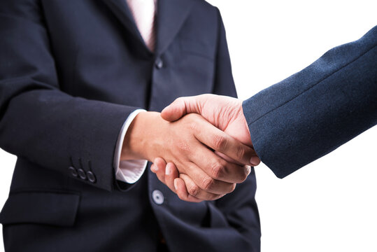 businessman in suit shaking hand partnership after success deal, isolated on transparent background
