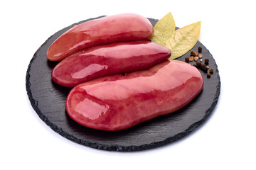 Raw pork kidneys, offals, isolated on white background. High resolution image.