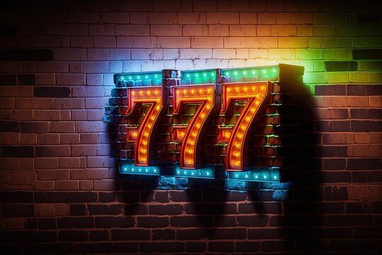 Lighting up the night with a neon sign for slot machines. brick wall with glowing 7 7 7 and inscription. Generative AI