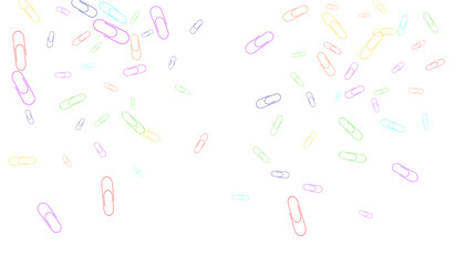 Paper clips are scattered on a white background. Decorative element. Background for design, school and office supplies