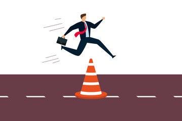 Overcome business obstacle, smart bravery businessman run the way around and jump pass traffic pylon roadblock.