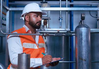 Professional male engineer wearing helmet using clipboard Perform inspection and maintenance work...