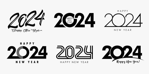 Big Set of 2024 Happy New Year black logo text design. Creative collection of 2024 New Year symbols. 2024 number design template. Vector illustration in black colors isolated on white background - obrazy, fototapety, plakaty