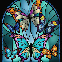Stained glass window with butterflies. Generative AI. Not based on any