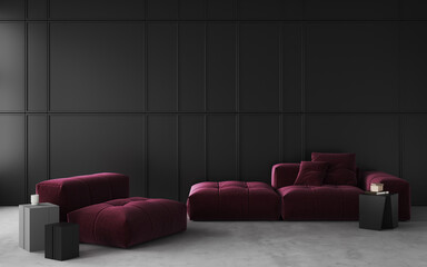 Empty living room with black paneling on the wall and a stylish viva mangenta color sofa, coffe table on the concrete floor. Decorative wall with embossed panels. Dark wall. Frame mockup. 3d rendering