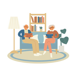 Happy elderly couple spending peaceful time together read book. Old lady and man relaxing sitting on sofa at home. Flat vector illustration