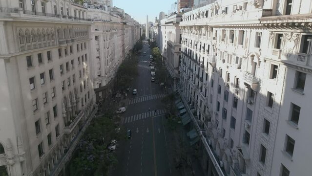 Buenos Aires city center skyline by drone with Obelisco at the background - Roque Saenz Peña Avenue