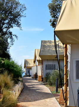 Luxury camping tent resort in Istria, Croatia, Adriatic sea coast. Mobile homes in campground of tourist resort