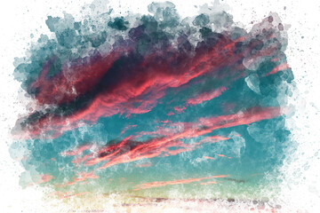 Watercolor painting of sunset sky. Beautiful sky watercolor illustration. Artistic artwork.