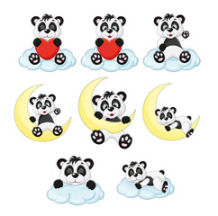 set cute panda on clouds and moon, panda smiles 