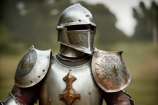 Portrait d'un chevalier en armure m&eacute;di&eacute;vale du Moyen &Acirc;ge. Generative AI.
