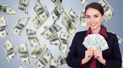 Cheerful happy woman with a lot of money