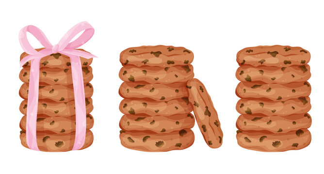 Set stack of oatmeal cookies, homemade cookies, cookies with chocolate, chocolate chips, cookies tied with a bow 