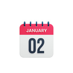 January Realistic Calendar Icon 3D Illustration Date January 02