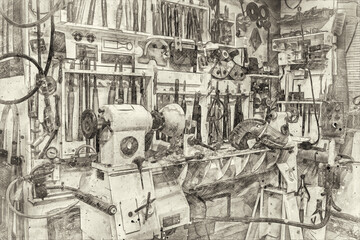 Wood lathe and assorted tools in workshop setting. This photosketch was created by adding texture...
