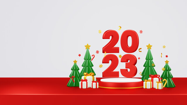 Happy New Year 2023 3D Render Composition With Ornament For Event Promotion Social Media And Landing Page