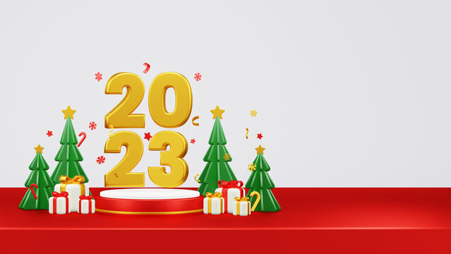 Happy New Year 2023 3D Render Composition With Ornament For Event Promotion Social Media And Landing Page