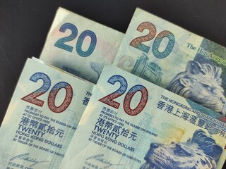 20 Hong Kong dollars banknote isolated on the blue background 