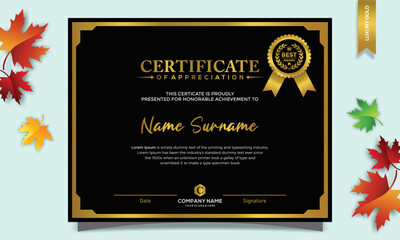 Certificate of appreciation template, gold and blue color. Clean modern certificate with gold badge. Certificate border template with luxury and modern line pattern. Diploma vector template
