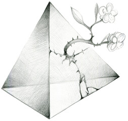 Hand drawn illustration of a pyramid and a flower, abstract black and white drawing, 600 dpi, png, transparent background, modern art 