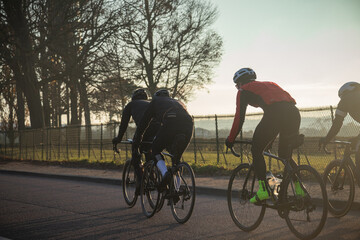Cyclists in a peloton seen from behind illuminated by the sun on the Longchamp ring in Paris