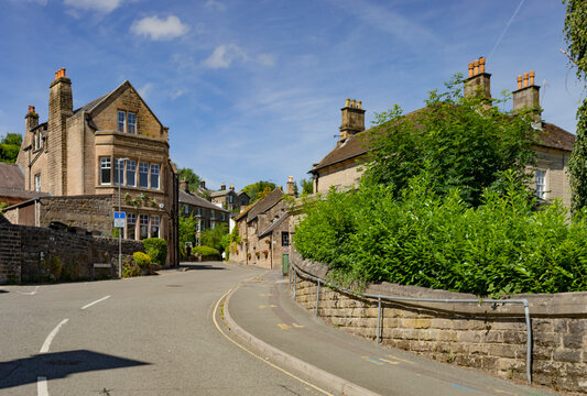 Street winding uphill in a neighbourhood in Matlock, Derbyshire, UK; Matlock, Derbyshire, England