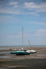 Fototapeta premium Old boats and sailing ships lying in the mud at low tide in the Atlantic Ocean near the Ile de Ré