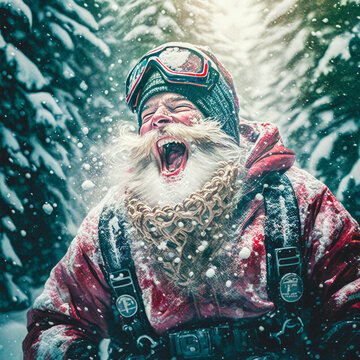 Snowboarding santa clause having fun in a winter forest