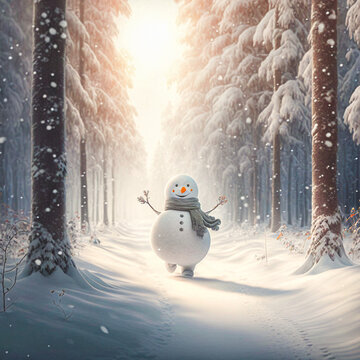 A funny snowman walking in a beautiful winter forest environment