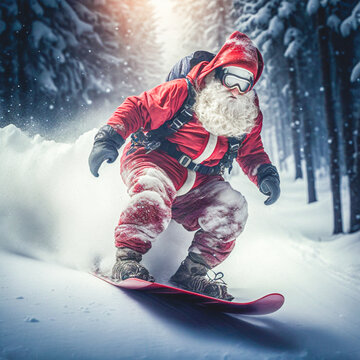 Snowboarding santa clause having fun in a winter forest