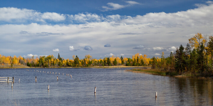 Lake and autumn colours along Highway 97 in BC, Canada; British Columbia, Canada