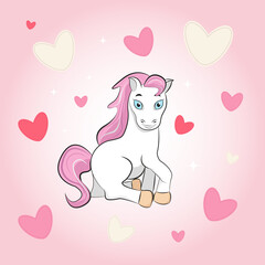 Poster, background, postcard with a cute pony with a pink mane and flying hearts on a background with a pink gradient. Vector illustration