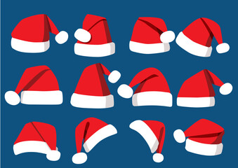 Hat santa christmas set decorations and design isolated on blue background illustration vector 
