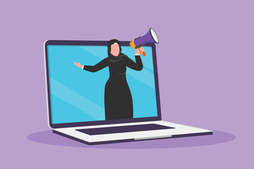 Character flat drawing Arab woman coming out of laptop computer screen holding megaphone. Offering product with discount or sale. Digital marketing and online store. Cartoon design vector illustration