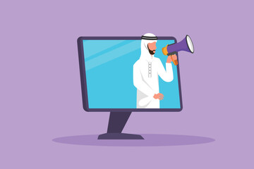 Graphic flat design drawing Arab man coming out of monitor computer screen holding megaphone. Offering product with discount or sale. Digital marketing online store. Cartoon style vector illustration