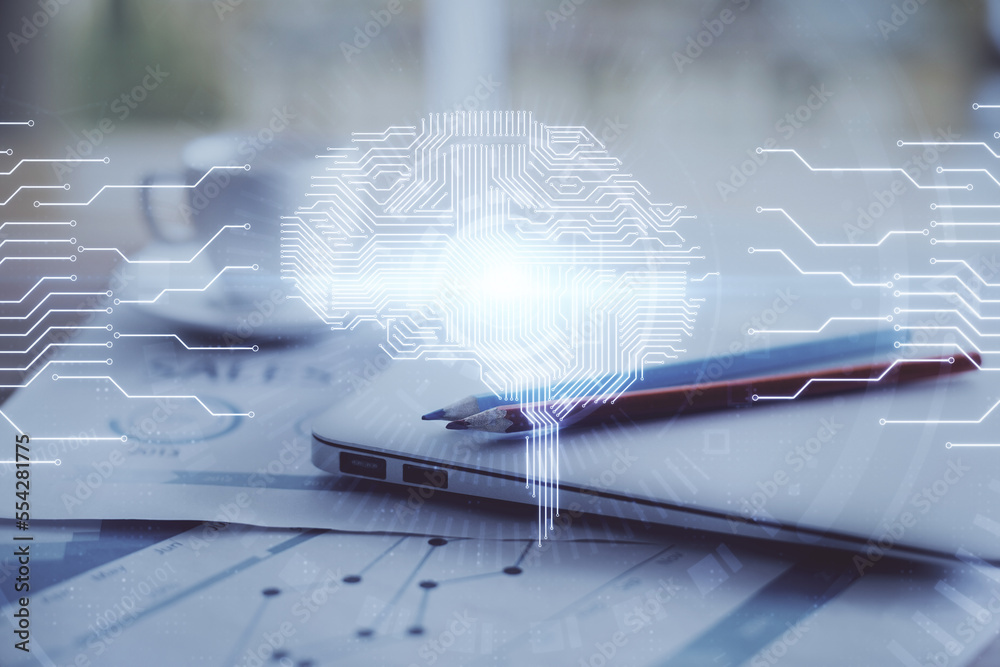 Aufkleber Double exposure of desktop with computer and brain drawing hologram. Artificial intelligence concept.