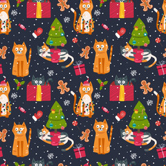 Fototapeta premium Cats for the new year. Seamless pattern, vector illustration