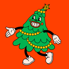 Merry Christmas and Happy New year trendy retro cartoon characters. Groovy hippie Christmas tree. Vector Cartoon characters and elements.