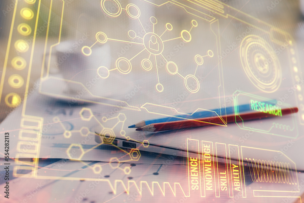 Aufkleber Double exposure of table with computer on background and data theme hologram. Data technology concept.