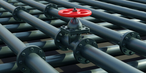 Pipeline faucet, pipe and valve for natural gas, close up, Industrial steel piping system. 3d