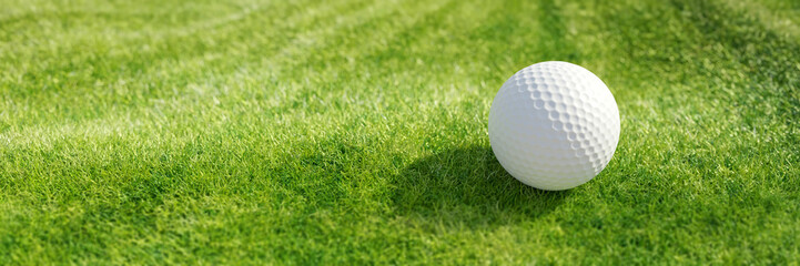 Golf ball on green grass sport course, close up view, banner, copy space. 3d