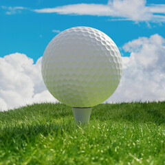 Golf ball on sport course, close up view. Green grass and blue sky. 3d