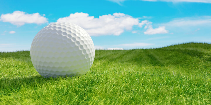 Golf ball on sport course, close up view. Green grass and blue sky. 3d