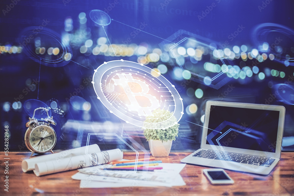 Poster Double exposure of blockchain and crypto economy theme hologram and table with computer background. Concept of bitcoin cryptocurrency.