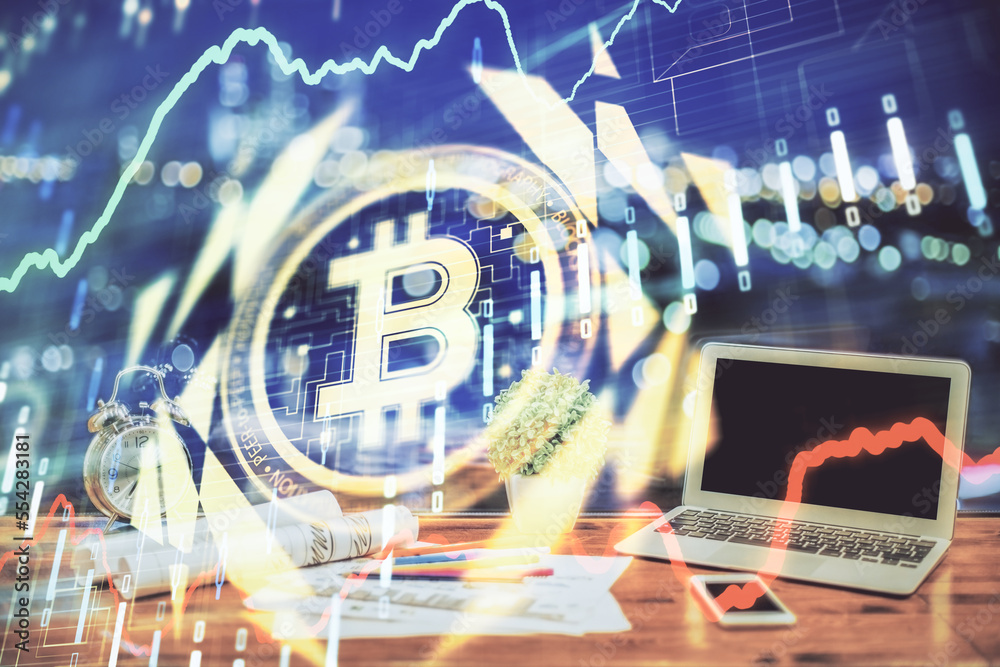 Aufkleber Double exposure of blockchain and crypto economy theme hologram and table with computer background. Concept of bitcoin cryptocurrency.