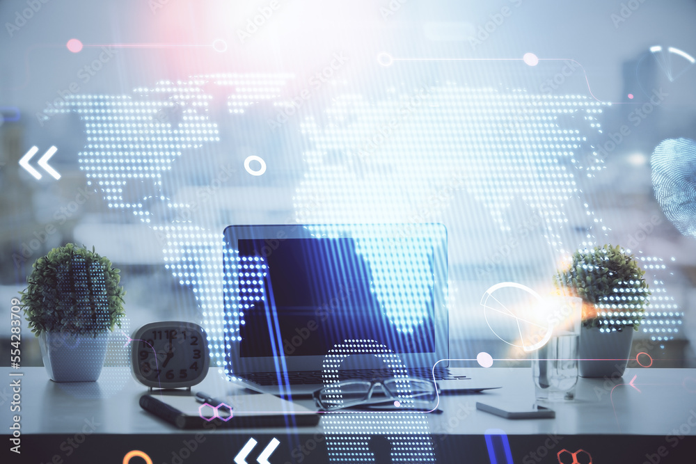 Poster Double exposure of desktop with computer and world map hologram. International data network concept.