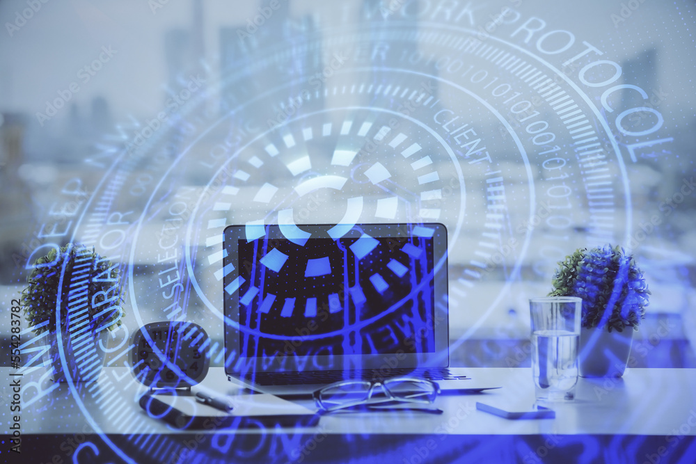 Poster Double exposure of table with computer on background and data theme drawing. Concept of innovation.