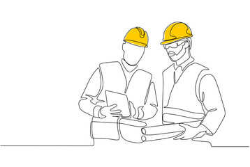 Single continuous line drawing of young construction manager giving instruction to builder coordinator at site meeting. Building architecture business concept. One line draw design vector